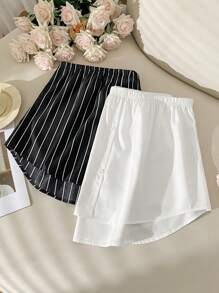 SHEIN Essnce 大码女士时尚夏季服装女士沙滩装女士健身套装女士商务休闲女士休闲通勤运动遮瑕尴尬线条纹和白色短臀帘裙 2 件套 - 黑與白 - 查看 3