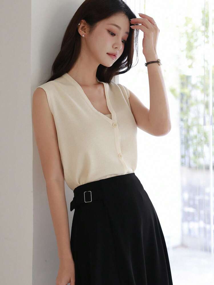 Women Casual Commuting Sleeveless V-Neck Cardigan Knitwear Top, Spring/Summer