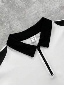 SHEIN Teen Boys Casual Short Sleeve Polo T-Shirt, Color Block Black & White, Racing Car English Print, Sports & Street Fashion, Punk Rock, School Uniform, Suitable For Spring & Summer Occasions, Parties, Festivals