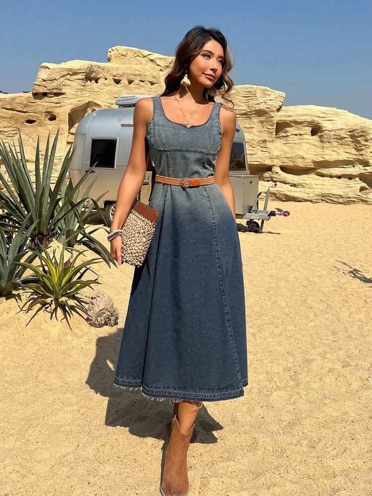 Tie-Dye Tie Dye A-Line Denim Dress With Fringes For Women - Fitted Silhouette Dress