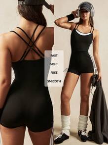 VARSITIE 2 合 1 黑白拼接肩带蝴蝶结女式运动连体衣