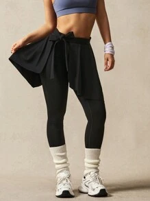 VARSITIE Damskie, jednokolorowe, patchworkowe, falbaniaste legginsy 2 w 1, swobodne, fitnessowe