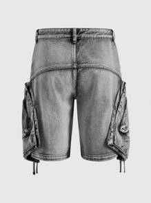 ROMWE MEN Grunge Punk 男士 Street Cargo 复古水洗大口袋牛仔短裤 - 灰色 - 查看 5