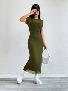 SHEIN EZwear Women Solid Color Round Neck Short Sleeve Mesh Splicing Slim Fit Casual Long Dress - Olive Green - View 3