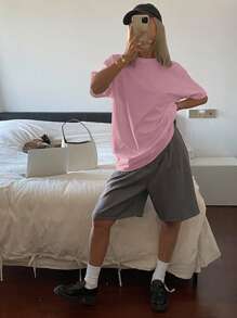 DAZY Solid Color Round Neck Long Loose Short Sleeve Women T-Shirt Summer - Pink - View 2