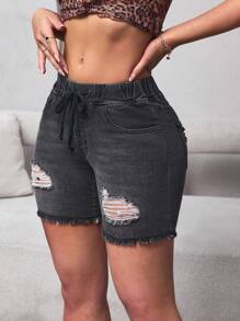 SHEIN SXY Short Denim Skinny Casual Destroyed Lavado - Cinza Claro - Visão 4