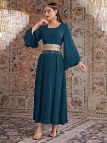 Modelyn 勃艮第红色时尚女式流苏细节编织腰带拼接连衣裙，优雅晚会超长端庄长袖连衣裙长款晚礼服 - 水鴨藍 - 查看 5