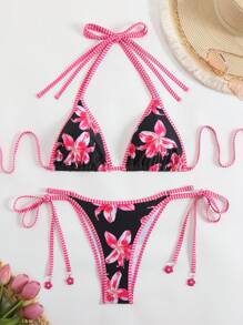 SHEIN Swim Women Summer Lily Flower Print Halter Neck Triangular Cup Bikini 2 Pieces Swimwear, Beach Vacation Outfit - Multicolor - View 4
