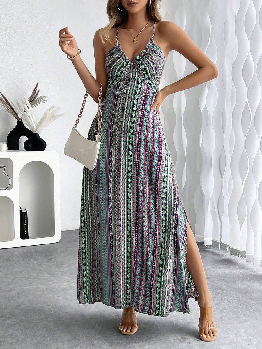 SweatyRocks Women's Floral Print Split Thigh Midi Dress – Boho Cami Style, High Waist, For Vacation & Summer - View #6