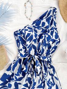 Soleia 女士复古蓝白印花单肩扭腰宽松连体裤，适合派对、约会、夏装、沙滩度假、音乐节 - 藍白色 - 查看 3