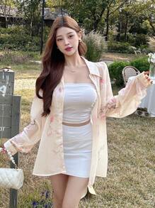 DAZY 夏季新款优雅海滩度假宽松休闲风格女式衬衫长袖上衣 - 米色 - 查看 6