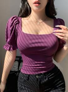 DAZY Camiseta de manga abullonada elegante para mujer, nueva llegada de primavera, con volantes, crop tops para mujer