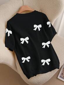 CosyJoli 大码休闲优雅提花蝴蝶结圆领针织毛衣