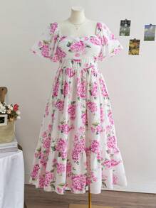 Dreamara Plus Size Women Vintage Purple & White Floral Print Ruffle Sleeve Elastic Waist Long Casual Vacation Dress, Back To School, Cute, Casual, Bachelorette Party, Summer - Multicolor - View 1