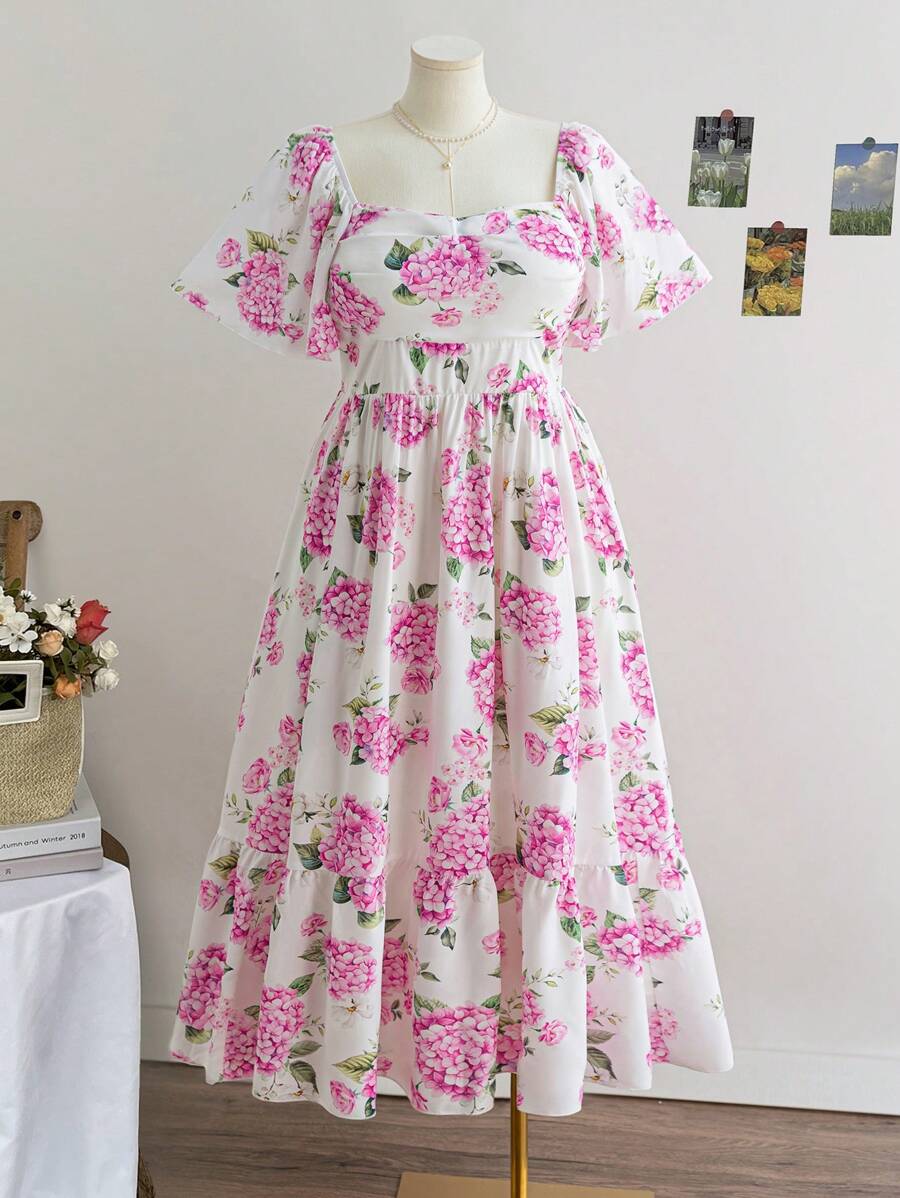 Dreamara Plus Size Women Vintage Purple & White Floral Print Ruffle Sleeve Elastic Waist Long Casual Vacation Dress, Back To School, Cute, Casual, Bachelorette Party, Summer - Multicolor - View 1