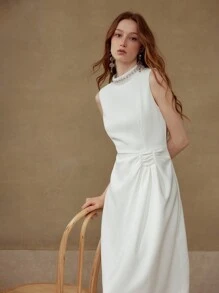 MOTF PREMIUM 褶皱拉链无袖连衣裙 - 白色 - 查看 6