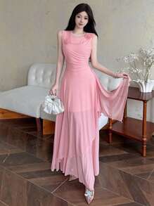 Modelyn Robe de soirée élégante à volants asymétriques avec décoration florale en 3D sur une chaîne de maille pour femme, robe pour invitée de mariage