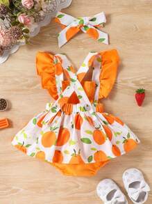SHEIN Baby Girl Sweet Donut & Candy Printed Sleeveless Dress With Bowknot Decoration, Ruffled Hemline For Summer Baby Romper Dress - Orange - View 4