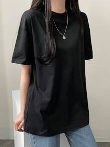 DAZY Áo thun nữ cổ tròn tay ngắn dáng rộng dài màu trơn mùa hè Áo thun oversize thời trang học sinh - màu đen - Xem 5
