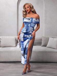 BriallanyX BriallanyX 女式露肩侧开衩下摆时尚牛仔连衣裙 - 彩色 - 查看 5