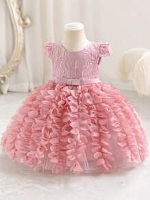 SHEIN Robe de bébé fille élégante et simple en tissu texturé avec décoration de nœud au col rond - Rose bonbon - Voir 3