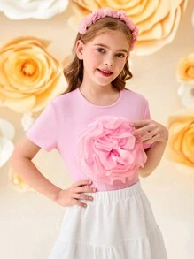 SHEIN Tween Girls' Knitted Tulle 3D Floral Decorated Elegant Pink Blouse, Sweet Top, French Elegant Blouse, Valentine's Day Tween Girl, Flower Girl, Back To School
