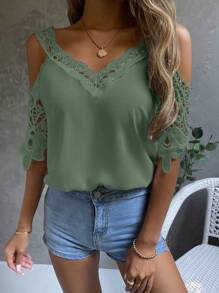 EMERY ROSE Casual Solid Color Lace Panel Open Shoulder Blouse - Green - View 4