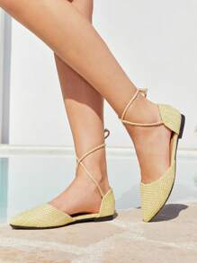 Styleloop 2025 新款度假风格编织镂空蝴蝶结装饰低帮尖头舒适优雅女士平底鞋