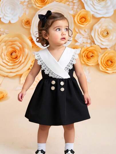 Infant/Baby Girl Elegant Princess Classic Black And White Patchwork Textured Fabric Sweet White Collar Dress, Suitable For Daily Wear, Family Gatherings, Festivals And Kindergarten Activities
