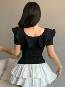 DAZY Sommer Neuankömmling Schleife Dekor Damen T-Shirt mit Passform, modisch, Rüschen - Schwarz - Übersicht 3