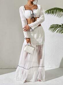 Breezaya Women Elegant Texture Cropped Top And Color Block Ruffled Skirt Co-Ord Set - White - View 5