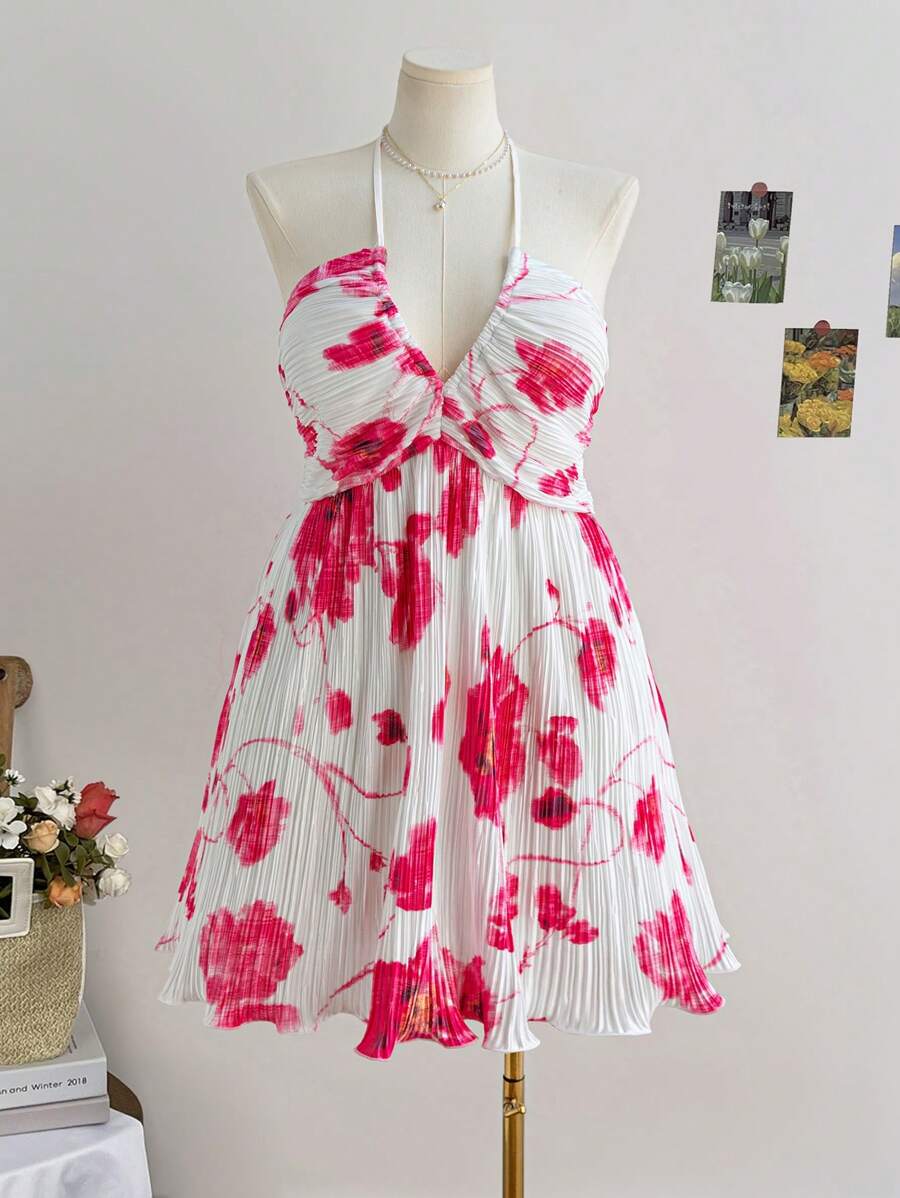 Soleia Plus Size Women Floral Tie Dye Pleated Backless Loose Vacation Dress, Suitable For Back To School, Fall Season