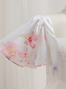 Soleia Plus Size Women Placement Floral Sweetheart Neck Ruffle Trim Short Sleeve Patchwork A-Line Dress - Multicolor - View 3