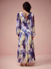 Enchnt 春夏浪漫女士 V 领灯笼袖印花优雅连衣裙，甜美优雅，适合情人节、节日、甜蜜约会之夜、日常、度假和花园派对 - 杏色 - 查看 7