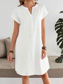 EMERY ROSE Women's Solid V-Neck Short Sleeve Casual Mid-Length Dress - White - View 3
