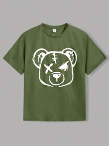 SHEIN 3pcs/Set Tween Boys Casual J-Pop Style Teddy Bear Graphic Round Neck Loose Knit Short Sleeve T-Shirts In 3 Colors, School, Campus, College - Army Green - View 3