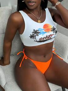 SHEIN Slayr Graffiti Letter, Palm Tree Print Sexy Bikini Set, For Summer Beach Vacation - Orange - View 5
