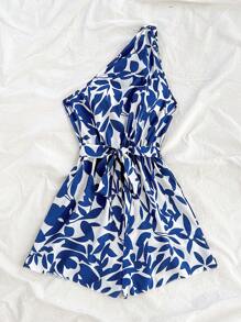 Soleia 女士复古蓝白印花单肩扭腰宽松连体裤，适合派对、约会、夏装、沙滩度假、音乐节 - 藍白色 - 查看 6