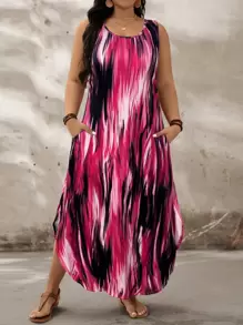 SHEIN LUNE Đầm dài cổ tròn không tay họa tiết trừu tượng nhiều màu cỡ lớn - Màu Hồng Tươi - Xem 6