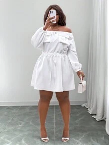 Slaydiva Vestido casual de playa blanco todo a juego de talla grande con hombros descubiertos, cintura, línea A, bolsillos, adecuado para primavera/verano, versátil para uso diario - Blanco - Ver 7