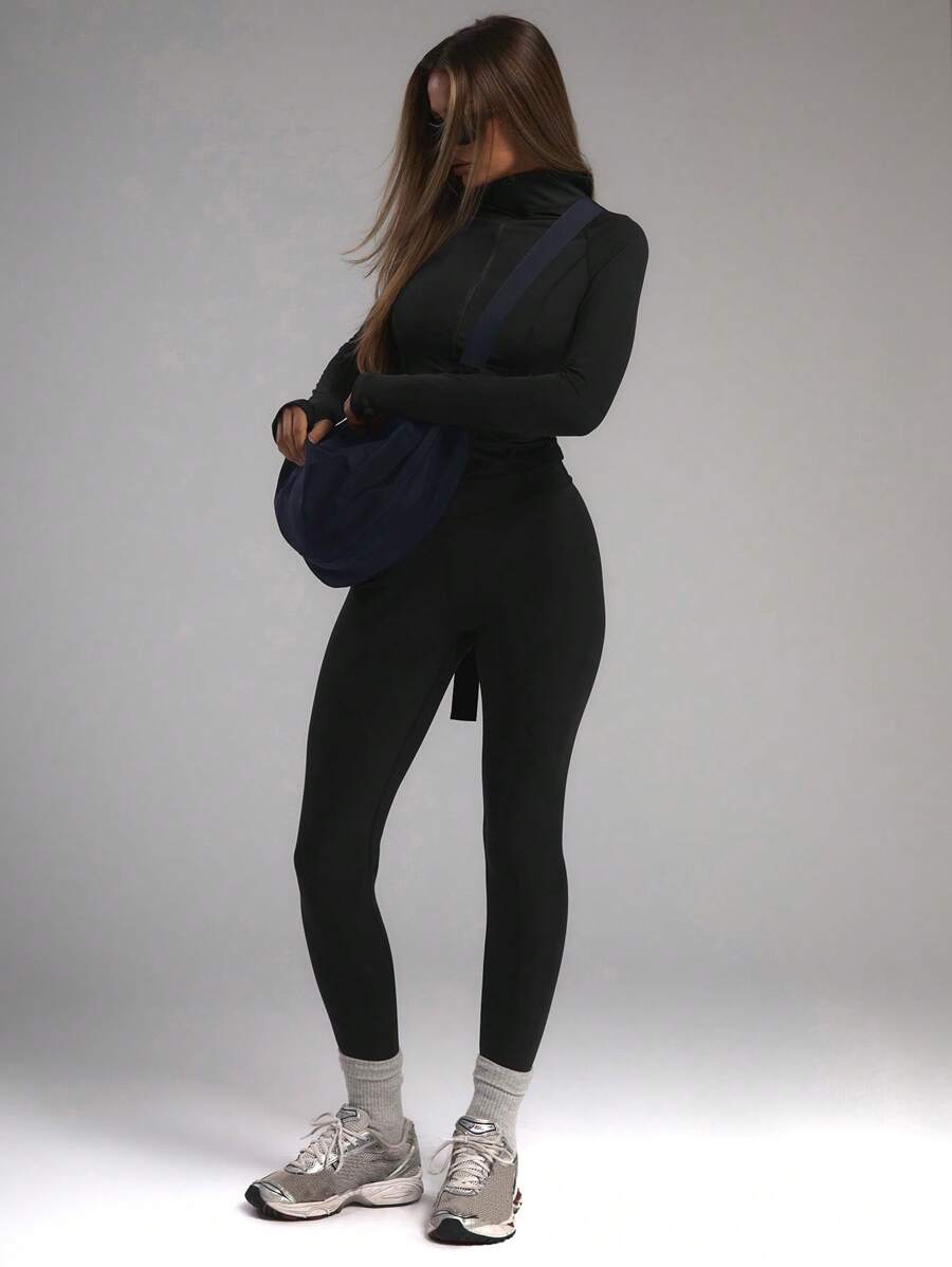 Musera Sport 高腰修身纯色运动紧身裤，适合板式网球、网球、匹克球、健身房、秋冬季普拉提、日常休闲穿着。 - 黑色 - 查看 1