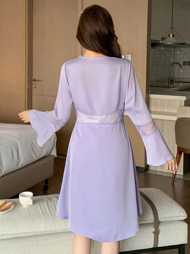 Romantic Satin Contrast Lace Cinched Waist Front Ruffle Sleeve Women's Robe Pajama