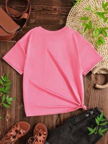Tween Girls Casual Loose Dropped Shoulder Oversized Printed T-Shirt - Pink - View 2