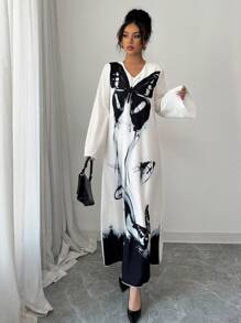 Yasmyna Vestido de manga larga holgado con estampado tejido, estilo árabe, modesto, para mujer - Negro - Ver 5