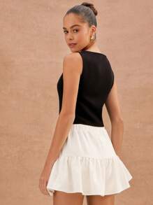 L'Amorae Elegant Tie Front Sleeveless Contrast Frill Detail Vacation Tank Top, Summer For Women - Black and White - View 2