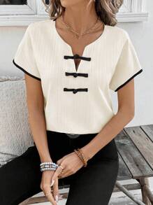 SHEIN LUNE Women's French Style Contrast Color Trim Shoulder Dolman Sleeve Button Decor Casual Fitted Blouse, Suitable For Daytime Casual, Holiday, Travel, Retro Vintage - Apricot - View 5