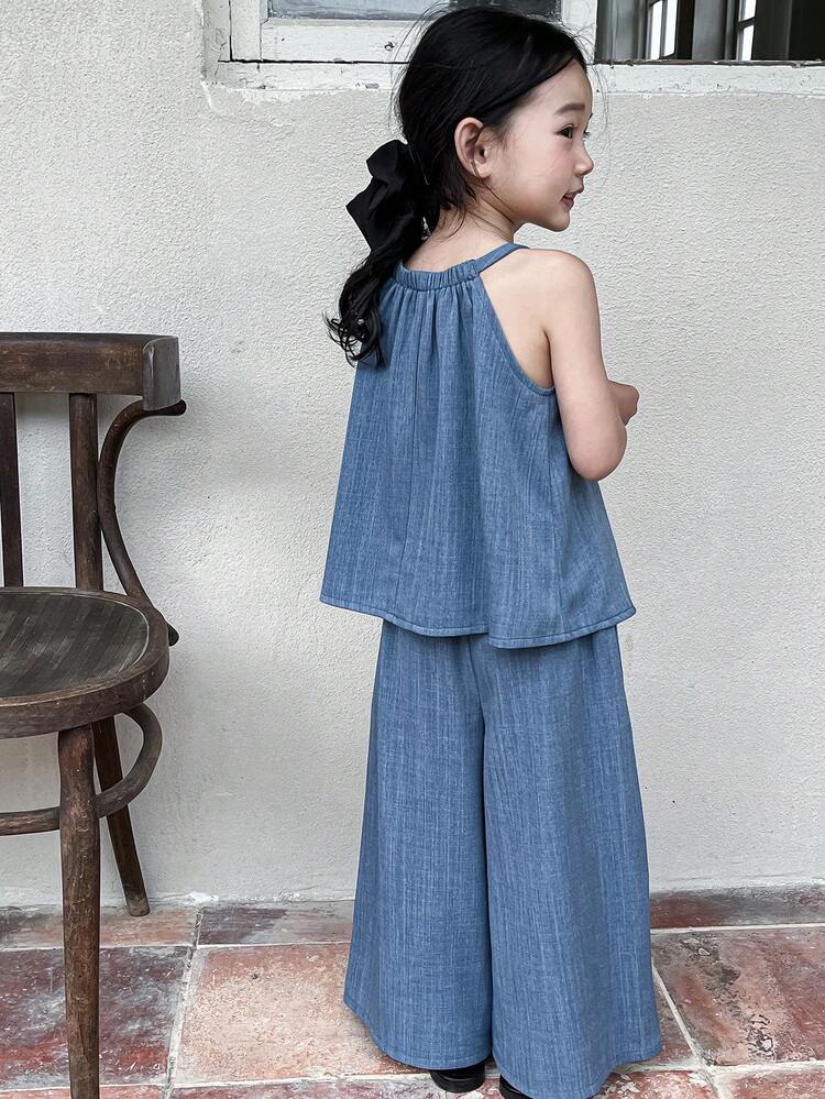2pcs/Set Young Girl Solid Color Halter Top And Pants, Casual Outfit,Girls Summer Outfits