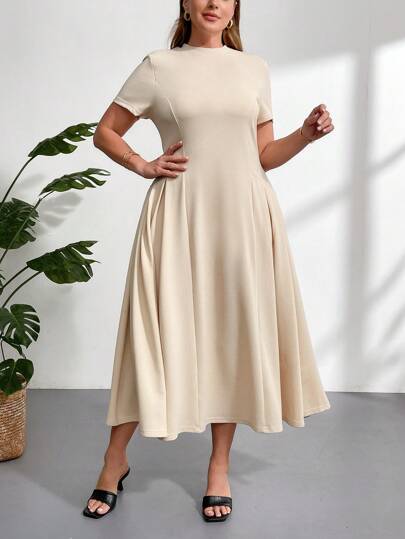 Firerie 大码女式优雅紧身连衣裙，舒适百搭喇叭形短袖中长立领连衣裙，适合通勤、办公室、派对