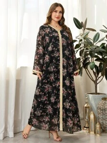 Al Najma 大码女式雪纺花卉浪漫优雅保守假日阿拉伯连衣裙