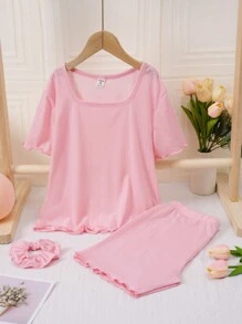 3pcs/Set Teen Girl Solid Color Hollow-Out Jacquard Knit Short Sleeve Top And Shorts With Headband, Lounge Set - Pink - View 1